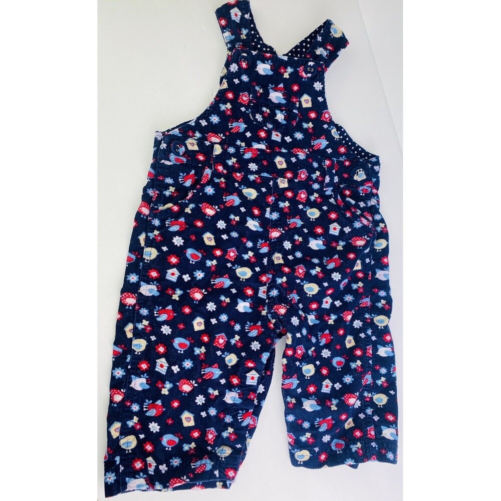 JOJO MAMAN BEBE Navy Bird Flower Ruffle Corduroy Overalls Size 6-12 Months